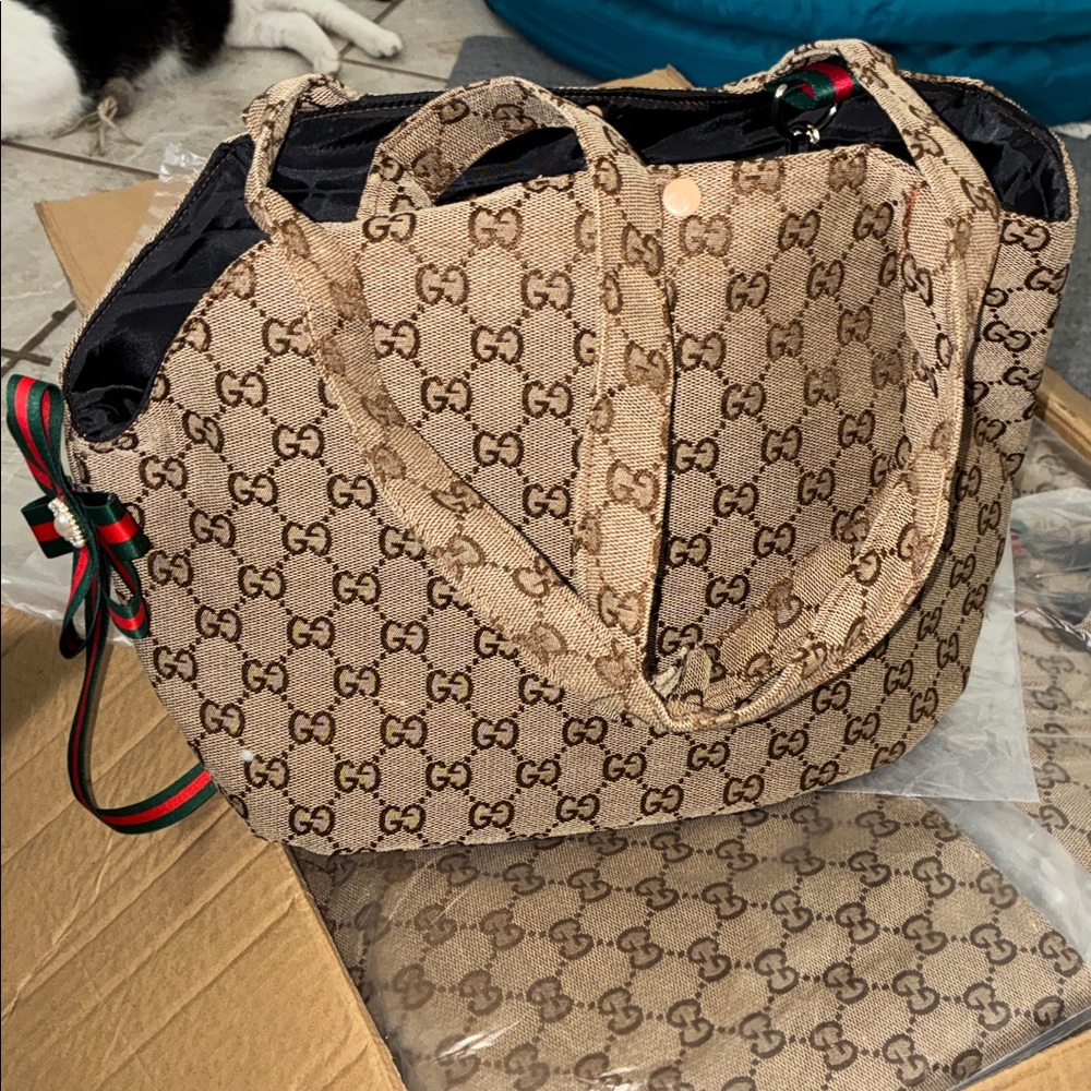 Dog carry bag Beige Patterned with Ribbon Accent - Picture 4 of 8